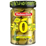 Graikiškos žaliosios alyvuogės be kauliukų su citrinų žievelėmis ir mėtų lapais MADAMA OLIVA, 140 g