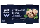 Gelsvauodegių tunų gabaliukai savo sultyse WELL DONE, 240 g