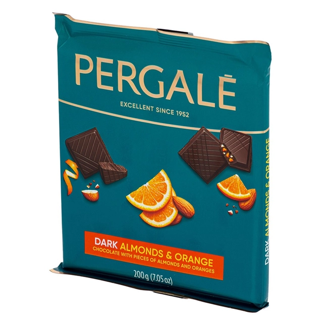 Dark chocolate with crushed caramelized almonds and orange pieces PERGALĖ, 200 g