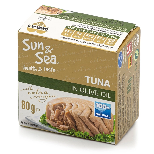 Tunų gabaliukai alyvuogių aliejuje SUN & SEA, 80 g