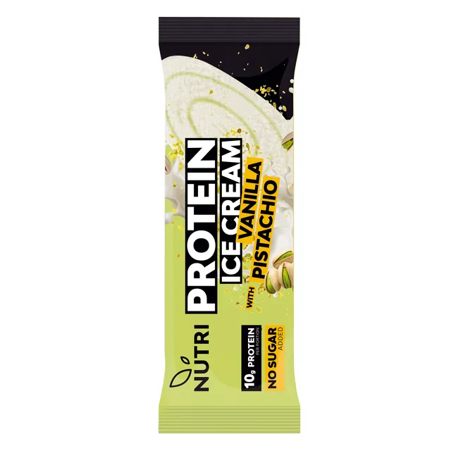 Vanilės skonio valgomieji ledai su pistacijų sk. įdaru (su saldikliais) NUTRI PROTEIN, 73g
