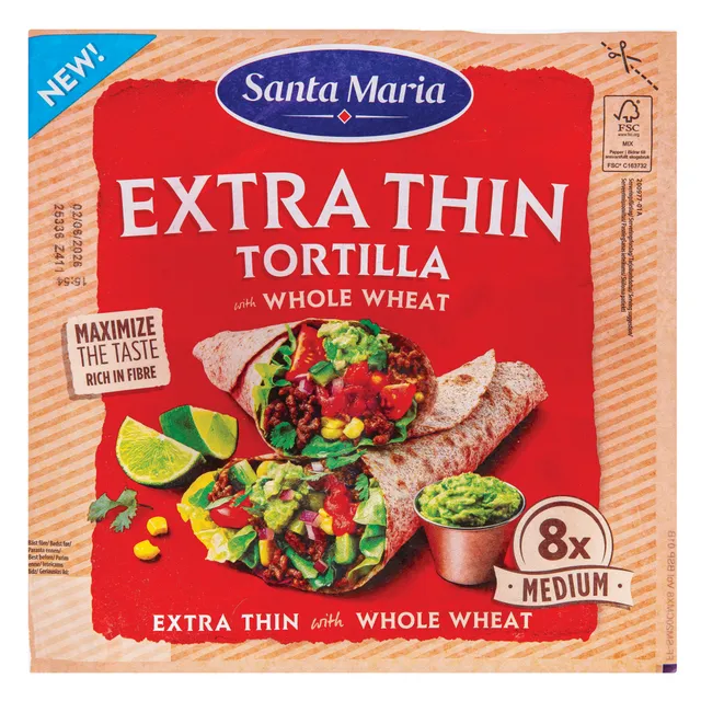 Plonos visų grūdo dalių kvietinės tortilijos SANTA MARIA, 240 g (8 vnt.)