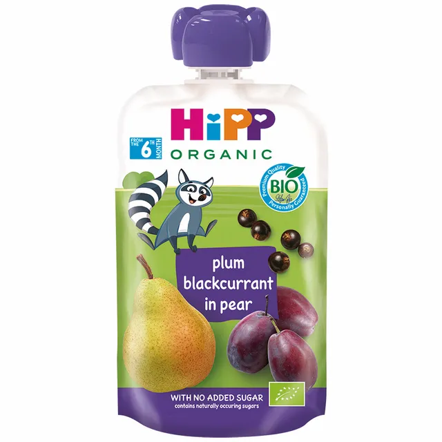 Organic pear, plum, blackcurrant puree from 6 months HIPP, 100 g