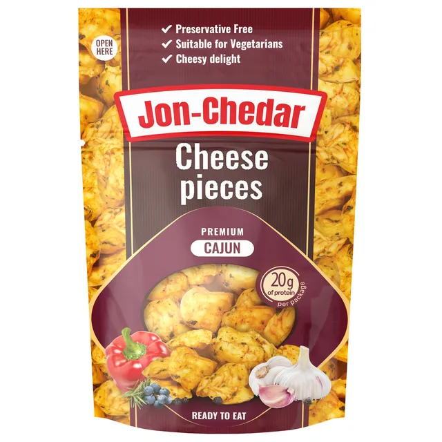 Čederio sūrio gabaliukai JON-CHEDAR CAJUN 50% rieb., 80 g