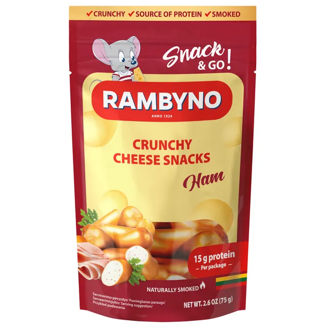 Lydytas rūkytas sūrio užkandis su kumpiu RAMBYNO, 45% rieb., 75 g
