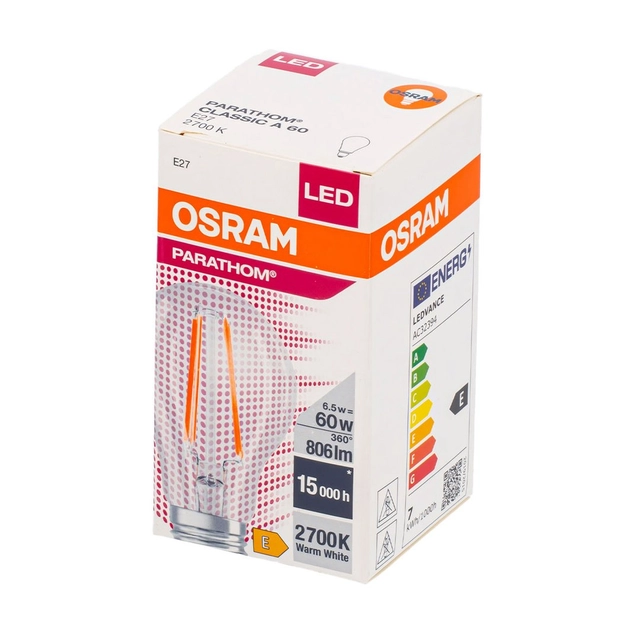 LED lemputė OSRAM Retrofit Skaidri CL A60 E27, 6.5W