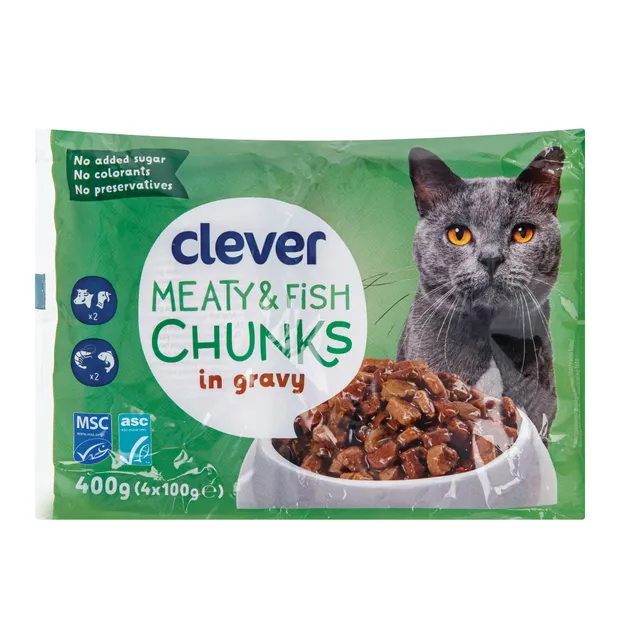 Wet food for cats with veal, turkey, salmon and shrimp CLEVER, 4x100g