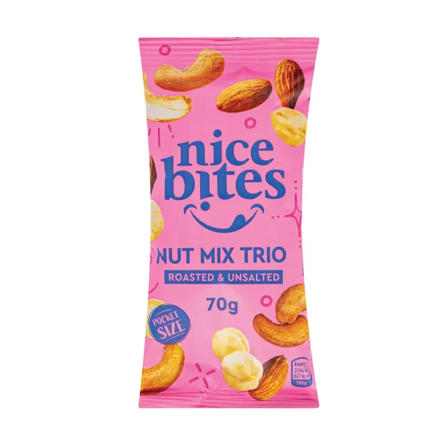 Trijų riešutų mix skrudinti, nesūdyti NICE BITES, 70 g