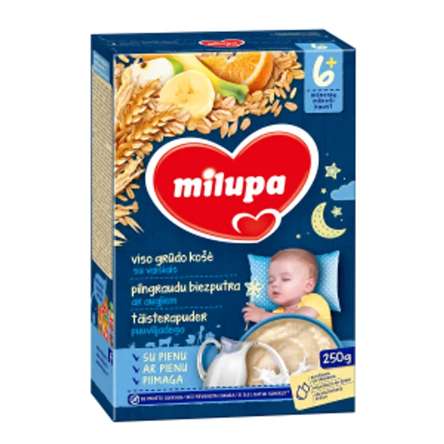 Visų grūdo dalių košė su vaisiais MILUPA, 10m+, 250 g