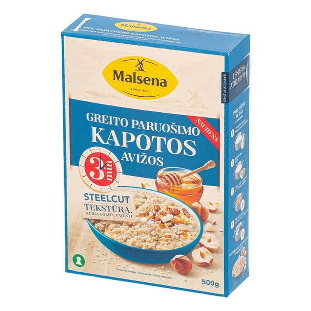 3 min. paruošimo kapotos avižos MALSENA STEEL CUT, 500 g