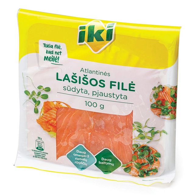 Atlantinės lašišos filė silpnai sūdyta, pjaustyta IKI, 100 g