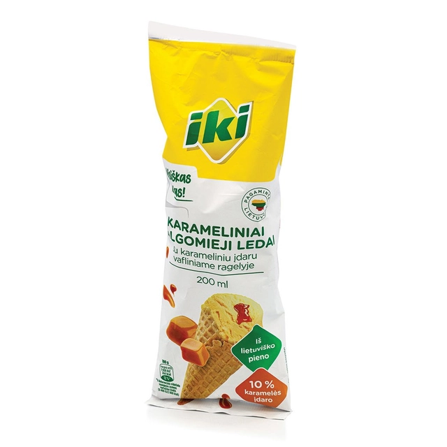 Caramel flavored ice cream IKI in a waffle cone with caramel filling, 200 ml
