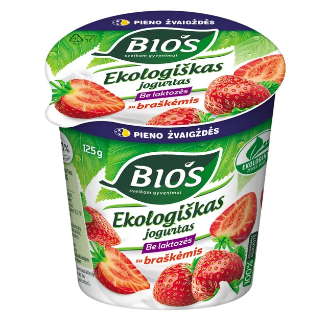 Ekologiškas jogurtas be laktozės su braškėmis BIOS, 3,1% rieb., 125 g