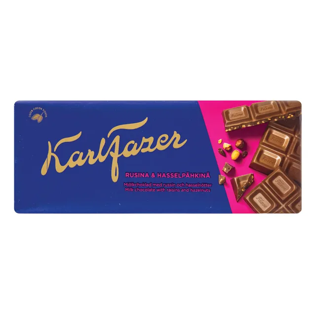 Pieninis šokoladas su razinomis ir lazdyno riešutais KARL FAZER, 180 g