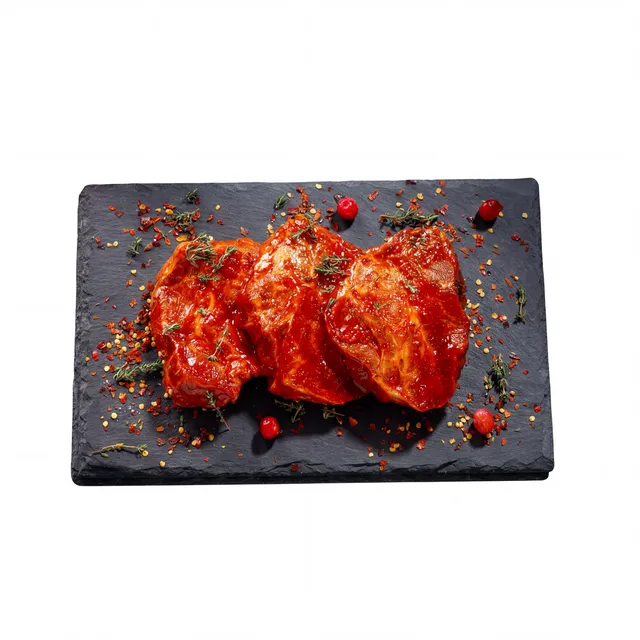 Marinated pork neck with lingonberries and sage boneless