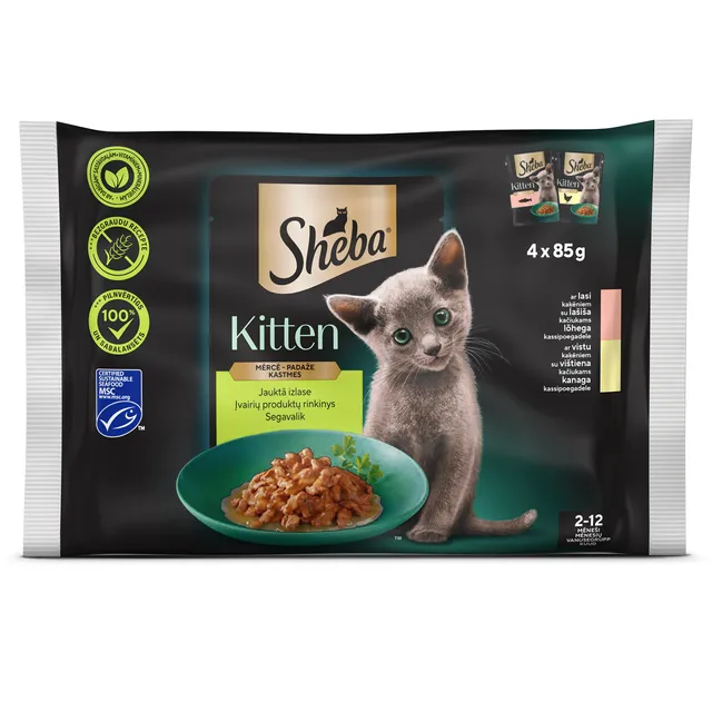 Konservuotas kačių ėdalo, įvairių skonių padaže SHEBA KITTEN, 4x85 g