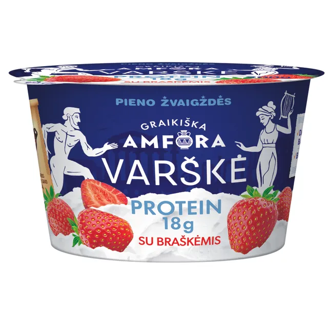 Varškė su braškėmis GRAIKIŠKA AMFORA PROTEIN, 0,8% rieb, 200 g