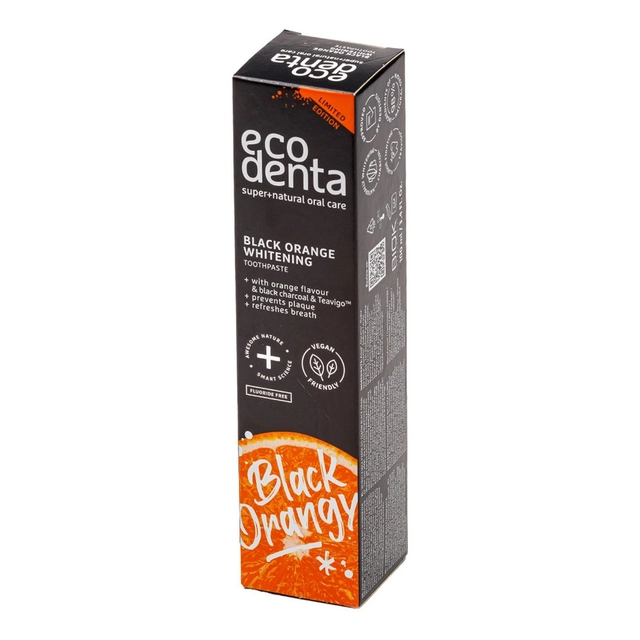 Juoda balinamoji dantų pasta su apelsinų skoniu, gvazdikėlių ekstraktais ECODENTA, 100 ml