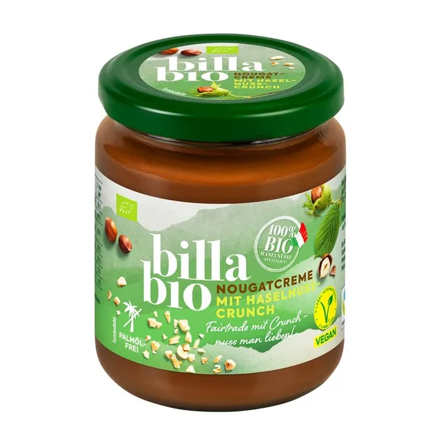 Šokoladinis kremas su traškiais lazdyno riešutais BILLA BIO, 270 g