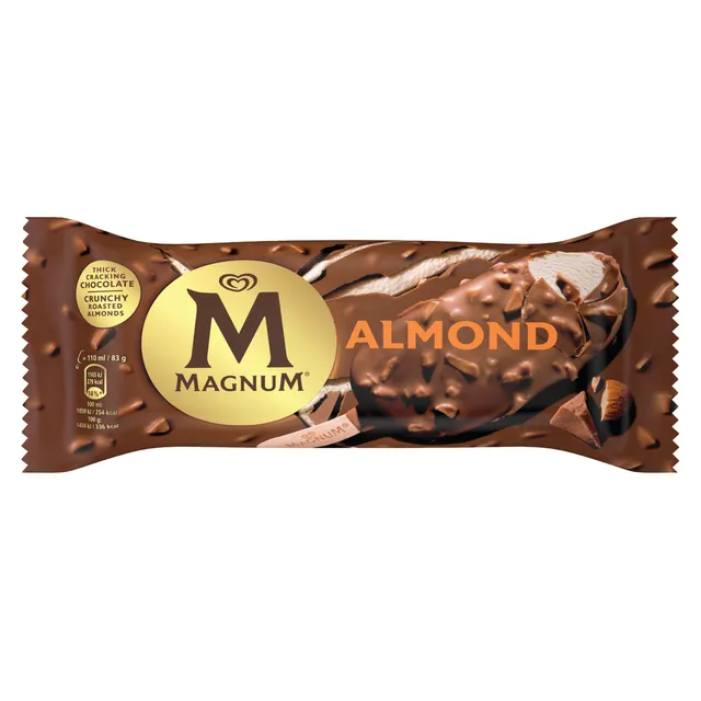 Vaniliniai valgomieji ledai MAGNUM ALMOND, su pieniško šokolado glajumi ir migdolais, 110 ml