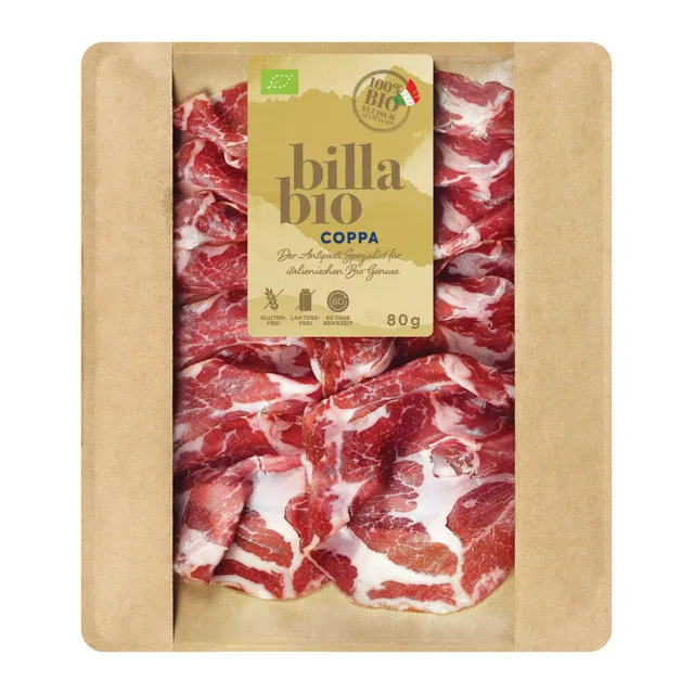 Ekologiška, vytinta kiaulienos sprandinė COPPA nerūš. griežinėliais BILLA BIO, 80 g