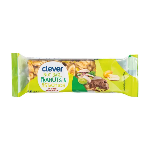 Batonėlis su riešutais ir pistacijomis juodajame šokolade CLEVER, 35 g