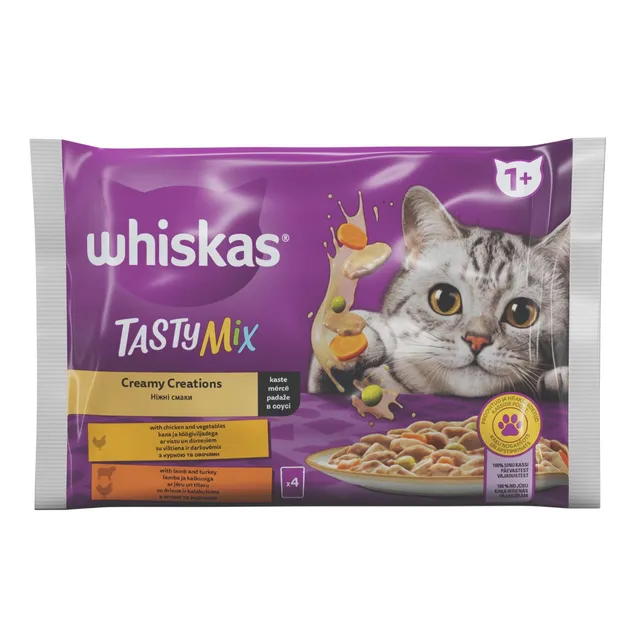 Food with chicken and vegetables, lamb, turkey WHISKAS TASTY MIX 1+, 4x85 g