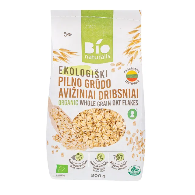 Ekologiški pilno grūdo avižiniai dribsniai BIONATURALIS, 800 g