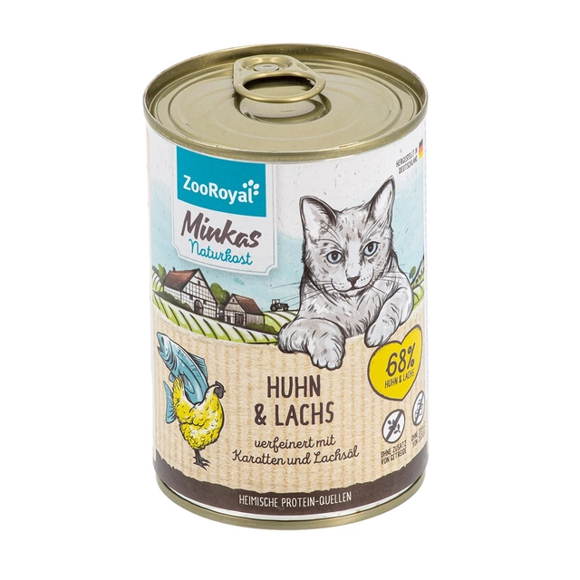 Ėdalas suaugusioms katėms su vištiena, lašiša, morkomis ir lašišų aliejumi MINKA'S NATURAL FOOD, 400 g