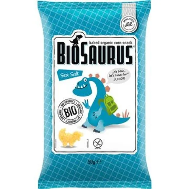 Ekologiški kepti kukurūzų traškučiai su jūros druska BIOSAURUS, 50 g