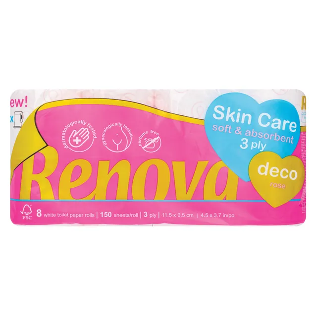 Tualetinis popierius RENOVA SKIN CARE DECO (3 sluoksnių), 8 vnt.