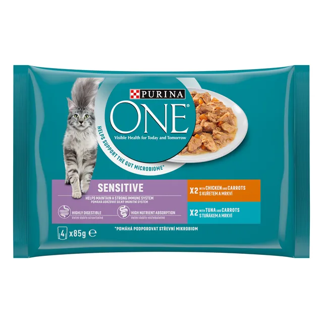 Konservai katėms ONE SENSITIVE su vištiena, tunu, 4x85 g