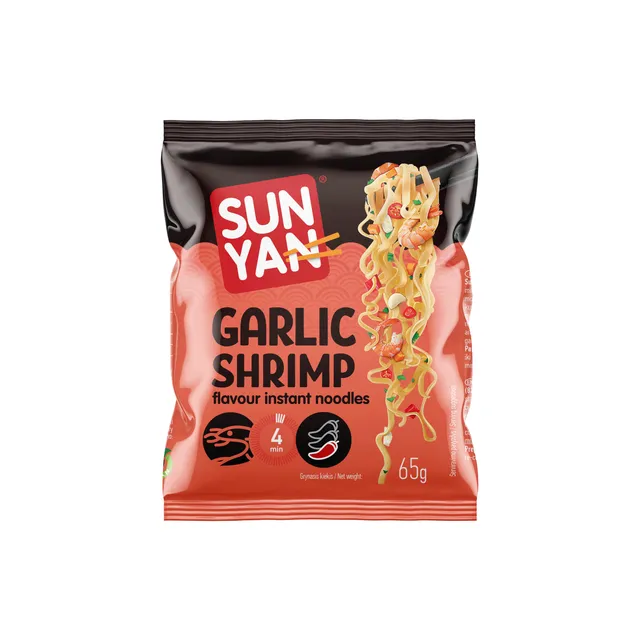 Česnakinės krevetės skonio greitai paruošiami makaronai SUN YAN, 65 g