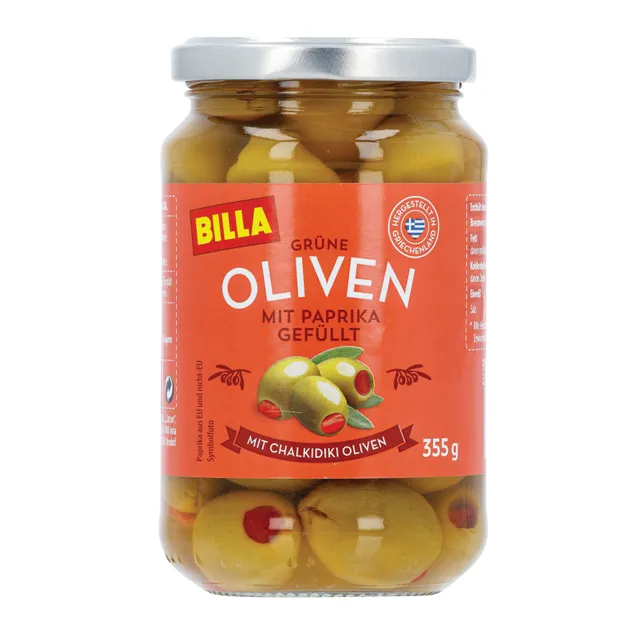 Žaliosios alyvuogės įdarytos paprika BILLA, 355 g
