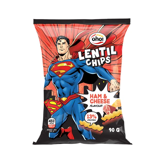 Raudonųjų lęšių traškučiai kumpio ir sūrio skonio OHO! SUPERMAN, 90 g