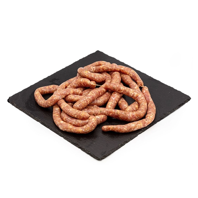 Thin pork sausages with bacon