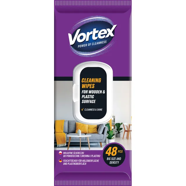Drėgnos servetėlės VORTEX CLEANING WIPES WOOD & PLASTIC, 48 vnt.