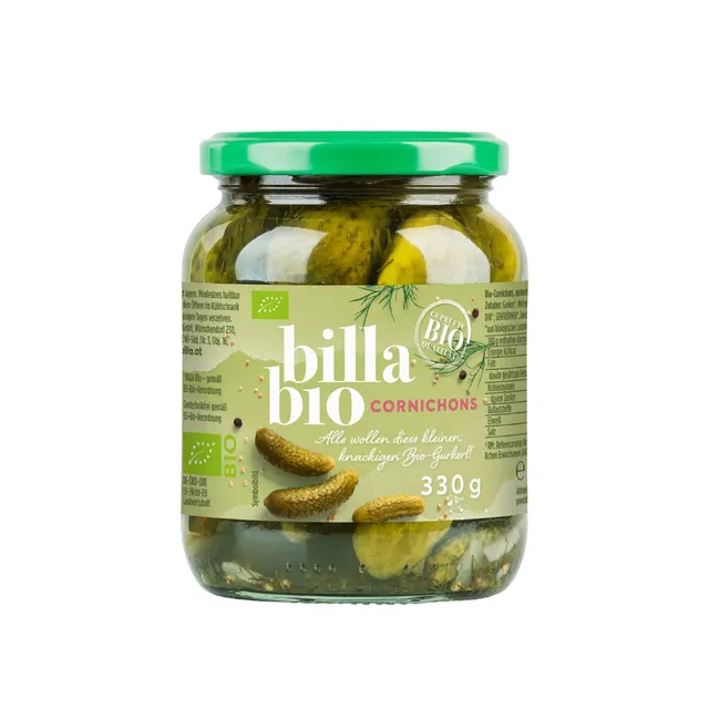Marinuoti agurkėkliai kornišonai BILLA BIO, 330 g