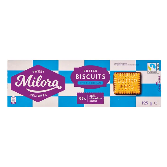 Sviestiniai sausainiai su pieniniu šokoladu MILORA, 125 g