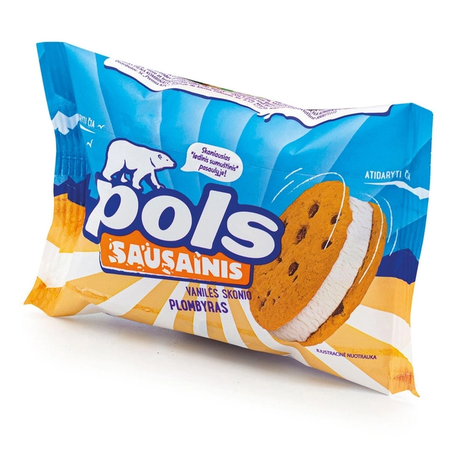Vanilės skonio valgomieji ledai tarp sausainių POLS, 140 ml
