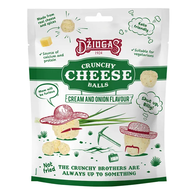 Crispy dried semi-hard cheese balls, cream and onion flavor, 45% fat, 40 g