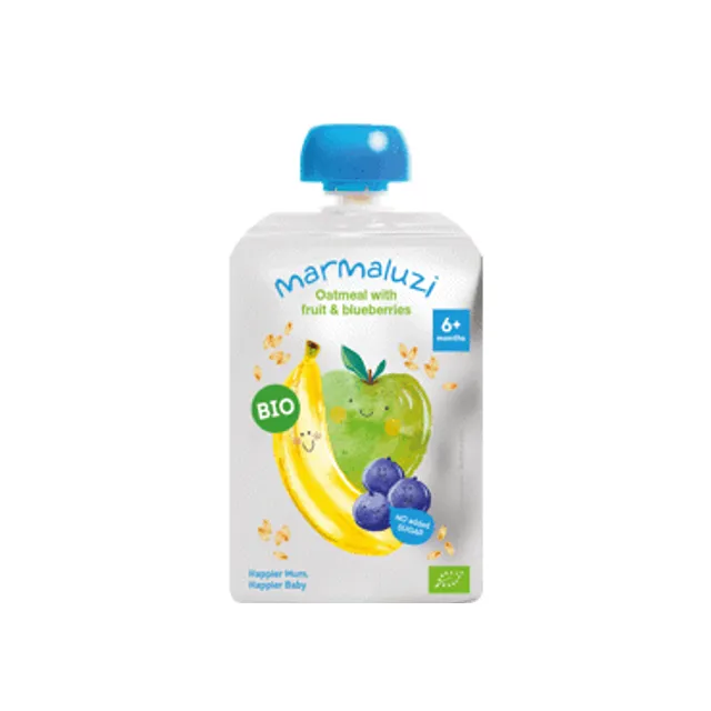 Ekologiška košė MARMALUZI obuolių, mėlynių, bananų, avižų, 6 mėn 90 g