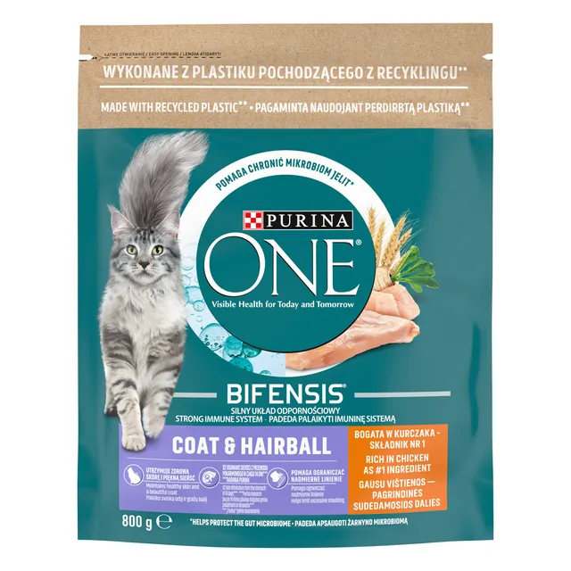 Sausas maistas katėms su vištiena PURINA ONE COAT & HAIRBALL, 750 g