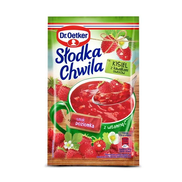 Greito paruošimo žemuogių skonio  kisielius „Saldi  akimirka“ su uogų gabaliukais DR. OETKER, 31,5 g
