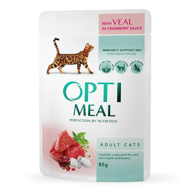 Complete canned food for adult cats with veal in cranberry sauce OPTIMEAL, 85 g