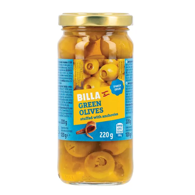 Žaliosios alyvuogės įdarytos ančiuviais BILLA MANZANILLA, 160 g