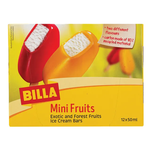 Мороженое со вкусом бурбонной ванили BILLA, покрытое сорбетом из экзотических фруктов или сорбетом из диких ягод, 12x50 мл