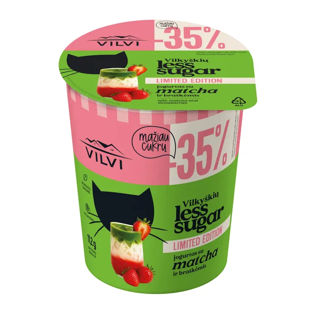Jogurtas Vilvi Vilkyškių LESS SUGAR su matcha ir braškėmis, LIMITED EDITION 3,5% rieb., 350g