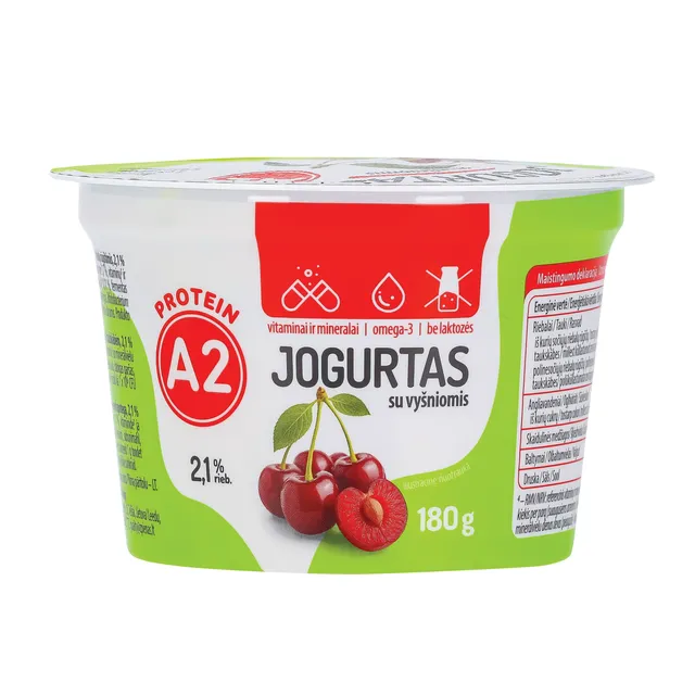 Jogurtas iš A2 pieno be laktozės su vyšniomis, vitaminais, mineralais ir omega-3 riebalų rūgštimis 2,1% rieb., 180g