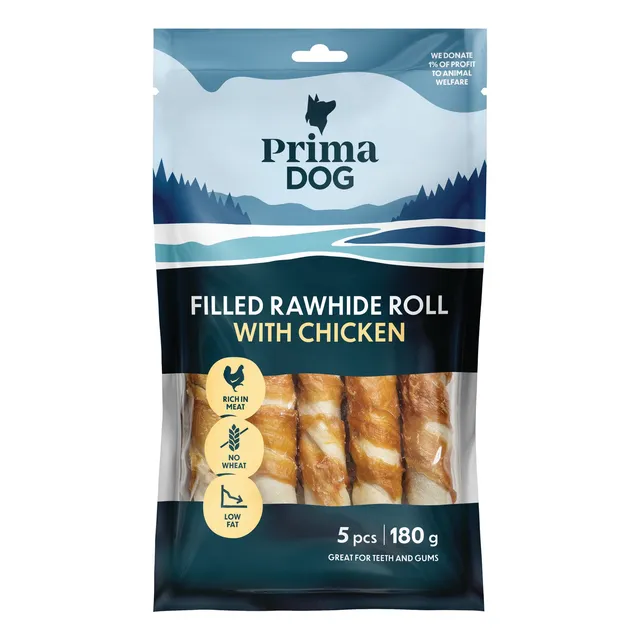 Фаршированный рулет из обработанной кожи с курицей 13 см PRIMA DOG, 180 г